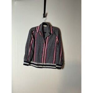 Vintage 100% Silk RARE Pierre Balmain Navy Polka Dot Striped Blouse Button Down